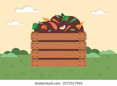 Compost box concept. Wooden basket with organic biodegradable waste for soil fertilization and agriculture. Humus with nutrients for plants. Farming and gardening. Cartoon flat vector illustration