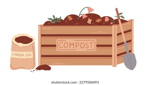 Ilustración plana de la caja de compostaje con el espolón y la bolsa de suelo aislados en el fondo blanco. Compost casero con tallos de leña, hojas y hierba. Basura biodegradable utilizada para fertilizantes.