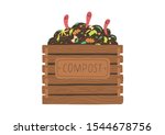 Compost box with with funny worms.  Recycling concept. Flat vector illustration