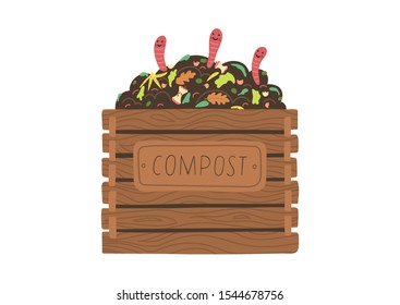 Compost box with with funny worms.  Recycling concept. Flat vector illustration