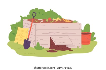 Compost Box. Humus Organic Material In Wood Bin, Decomposition Agriculture Bio Waste Manure Fertilizer Composting Fruit Vegetable Food Dirt Pile Soil, Garish Vector Illustration Of Compost Humus