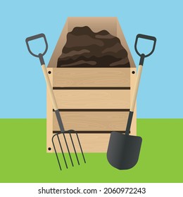  Compost box with a shovel and a pitchfork isolated