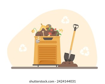 Compost box with soil and food waste vector illustration. Recycling signs. Bio recycling garbage, waste products for organic fertilizer. Agriculture, reducing food waste, environmental pollution.