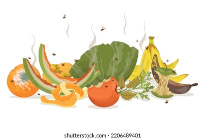 Compost composting flat colored composition rotting stumps and fruit peels flies flying around vector illustration