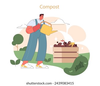 Compost concept. Man enriching soil with organic waste for sustainable growth. Natural fertilization enhancing garden health.