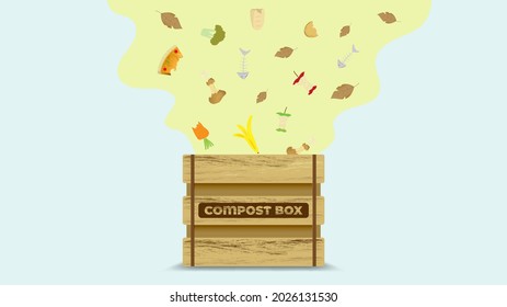 Concepto del ciclo de compost, papelera de compost con proceso de desechos orgánicos para el compostaje de desechos, concepto de proceso de reciclado de desechos para la ilustración de vectores de desechos orgánicos de compost. 