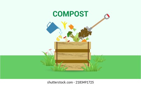 Compost cycle concept, compost bin  with organic waste illustration for waste composting,  waste recycling process concept for compost organic waste vector illustration. 