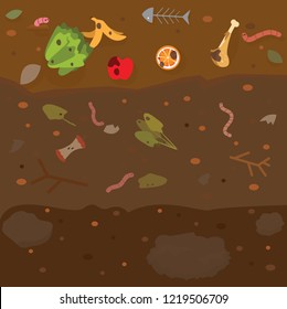 Compost food layer of soil with worm decompose in landfill background vector illustration