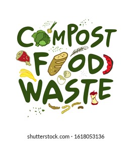 Compost food waste handwritten phrase with food elements. Eco-friendly concept of zero waste. Message about conscious consumption, sustainable living for blogs, magazines, posters. Vector illustration