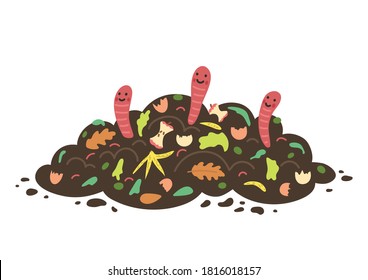 Compost with funny worms. Recycling concept. Flat vector illustration.