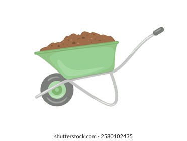 Compost in garden wheelbarrow isolated on white background. Vector cartoon flat illustration.