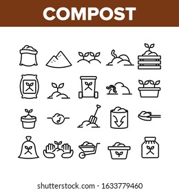 Compost Ground Soil Collection Icons Set Vector. Agricultural Organic Compost In Bag And Cart, Growing Plant In Pot And Worm Concept Linear Pictograms. Monochrome Contour Illustrations