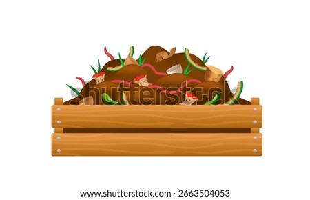 Compost heap in a wooden box. Soil with humus. Vector 3d clipart isolated on white background.