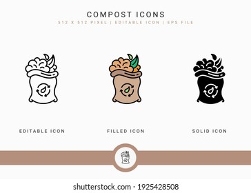 Compost icons set vector illustration with solid icon line style. Bio degradable concept. Editable stroke icon on isolated background for web design, user interface, and mobile app