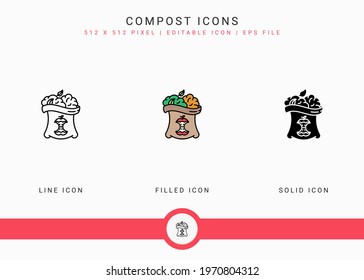 Compost icons set vector illustration with solid icon line style. Bio degradable concept. Editable stroke icon on isolated background for web design, infographic and UI mobile app.