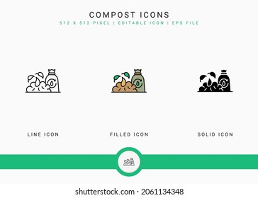 Compost icons set vector illustration with solid icon line style. Bio degradable concept. Editable stroke icon on isolated background for web design, user interface, and mobile app