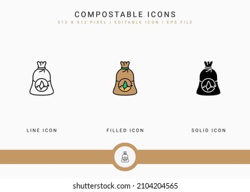 Compost icons set vector illustration with solid icon line style. Bio degradable concept. Editable stroke icon on isolated background for web design, user interface, and mobile app