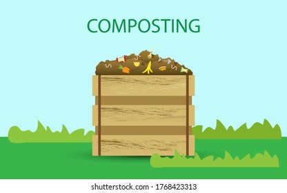 Compost illustration, compost bin  with organic waste illustration for waste composting,  waste recycling concept for compost organic waste vector illustration. 