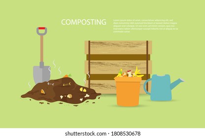 Compost illustration, compost bin  with organic waste illustration for waste composting,  waste recycling process concept for compost organic waste vector illustration. 