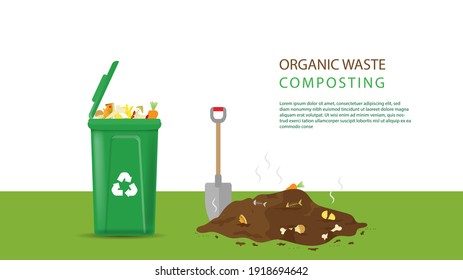 Compost illustration, compost bin  with organic waste illustration for waste composting,  waste recycling concept for compost organic waste vector illustration. 