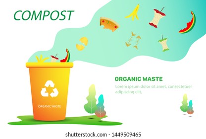 Compost illustration, Yellow orange trash can color with organic waste illustration for waste composting,  waste recycling concept for compost organic waste vector illustration. 