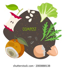 Compost. Kitchen scraps, fruits, greens, shells lie on ground. Eco-friendly zero waste template. Recycling concept. No Food waste. Environmentally responsible behavior. Garbage sorting