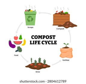 Compost life cycle diagram infographic, labeled food scraps in recycle bin, compost, foods vegetable or fruit, grow plant carrot, fertilizer, manure, muck, soil and eco garden plant growth.
