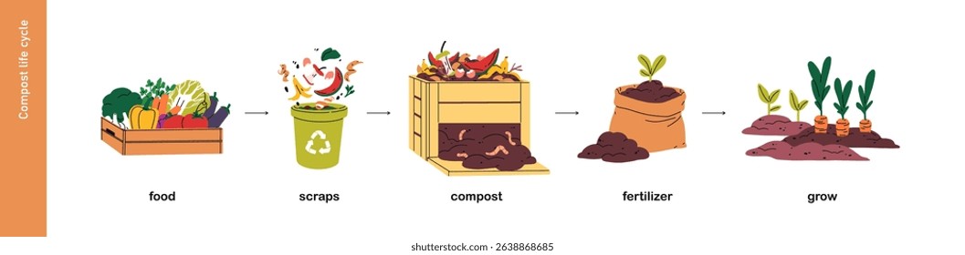 Compost life cycle. Food waste, organic scraps, peels in recycling process for natural fertilizer, manure, muck, soil and eco garden plant growth. Flat vector illustration isolated on white background