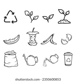 Estilo de dibujo a mano del doodle infográfico del ciclo de vida del compost. Proceso de compostaje con desechos orgánicos, papelera de polvo e ilustración vectorial de la caja de compostaje.