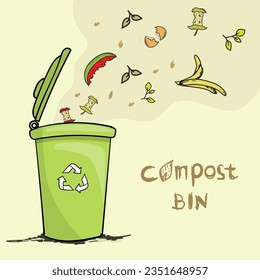 Estilo de dibujo a mano del doodle infográfico del ciclo de vida del compost. Proceso de compostaje con desechos orgánicos, papelera de polvo e ilustración vectorial de la caja de compostaje.