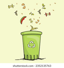 Compost life cycle infographic doodle hand drawn style. Composting process with organic waste, dust bin and compost box vector illustration.