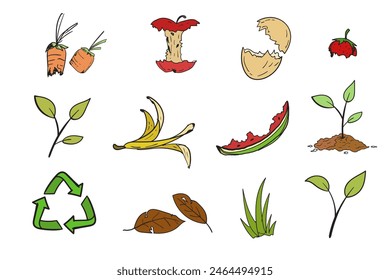 Compost life cycle infographic doodle hand drawn style. Composting process with organic waste, dust bin and compost box vector illustration.