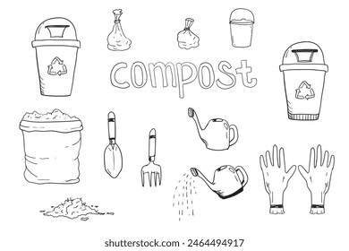 Compost life cycle infographic doodle hand drawn style. Composting process with organic waste, dust bin and compost box vector illustration.