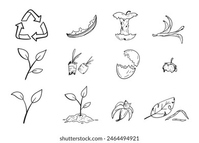 Compost life cycle infographic doodle hand drawn style. Composting process with organic waste, dust bin and compost box vector illustration.