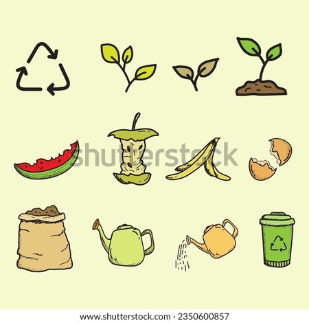 Compost life cycle infographic doodle hand drawn style. Composting process with organic waste, dust bin and compost box vector illustration.