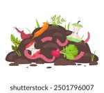 Compost pile with earthworms. Soil with humus. Vector cartoon clipart isolated on white background.