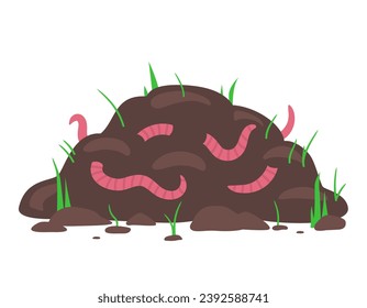 Acumulación de compost con lombrices de tierra. Suelo con humus. Clipart de dibujos animados vectoriales aislados en fondo blanco.