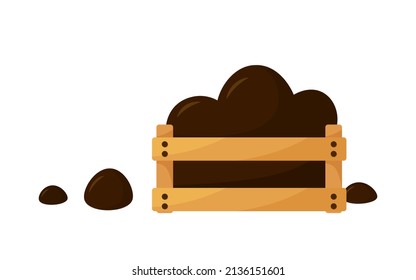 Compost pile with organic garbage in wooden box in cartoon style isolated on white background. Recycle process, gardening fertilizer concept vector illustration. Agronomy mineral soil manure dung heap