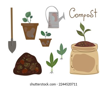 Compost pile. Organic compost theme. Set of hand drawn icons. Zero waste theme.