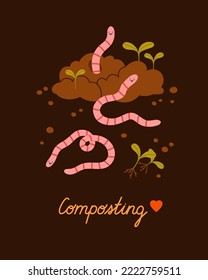 Compost pile with three worms, plants, and lettering. Ecological recycling, responsible consumption. Organic waste for domestic composting with worms.