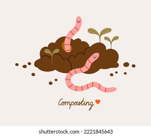 Compoststapel mit zwei Würmern, Pflanzen und Schriften. Ökologisches Recycling, verantwortungsvoller Verbrauch. Ökologischer Abfall für die Kompostierung mit Würmern.
