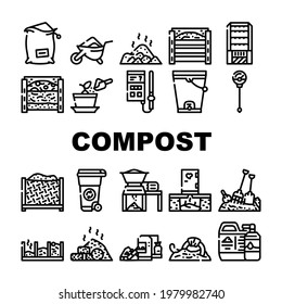 Compost Production Collection Icons Set Vector. Worms In Compost And Potted Plant, Industrial And Household Waste Shredder, Bag And Container Contour Illustrations svg