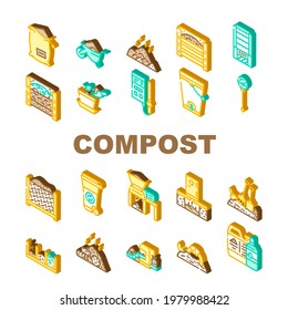 Compost Production Collection Icons Set Vector. Worms In Compost And Potted Plant, Industrial And Household Waste Shredder, Bag And Container Isometric Sign Color Illustrations svg