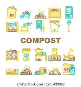 Compost Production Collection Icons Set Vector. Worms In Compost And Potted Plant, Industrial And Household Waste Shredder, Bag And Container Concept Linear Pictograms. Contour Color Illustrations svg