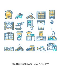 compost production doodle icons set vector. sketch line art worms in compost and potted plant, industrial and household waste shredder, bag and container contour illustrations
