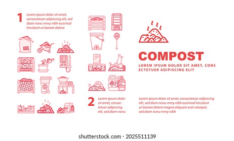 Compost Production Landing Web Page Header Banner Template Vector. Worms In Compost And Potted Plant, Industrial And Household Waste Shredder, Bag And Container Illustration svg