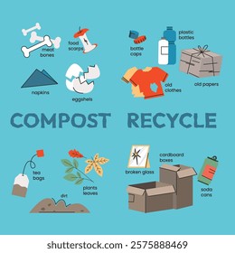 Compost and recycle. products that are  suitable for compost and recycle Recycling food waste. Composting food waste. Vector illustration	