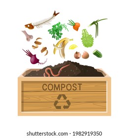 Contenedor de reciclaje de compost. Residuos de comida, fertilizante orgánico. Ilustración del vector aislada en fondo blanco