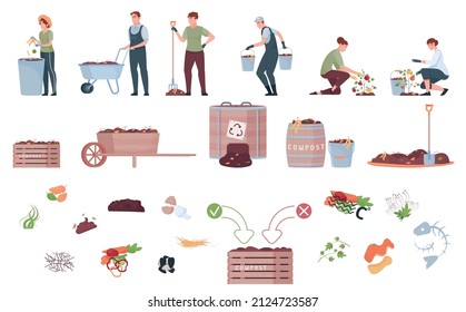 Conjunto de compost con íconos aislados planos de los barriles de nutrición de alimentos cajas de pallet y trabajadores con herramientas ilustración vectorial