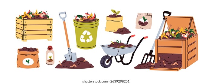 Compost set, organic food waste, dirt, soil. Biodegradable garbage heaps, earth with worms, garden decomposition pile, fertilizer, manure, muck. Flat vector illustrations isolated on white background